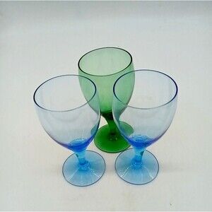 Vintage Set Of 3 Crystal Two Blue & One Green 6" Wine Glasses